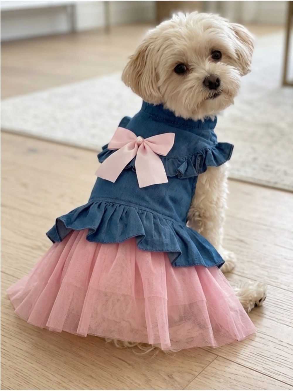 Denim Ruffle Dress with Pink Bow and Tulle Skirt